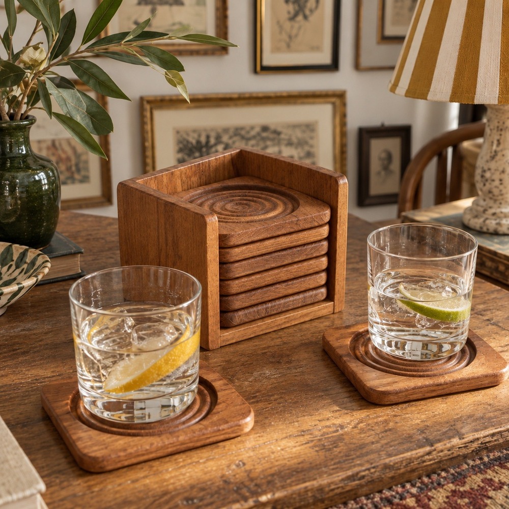 Vintage MCM Coaster Set of 8 with Holder Mid Century Bar Cart Decor